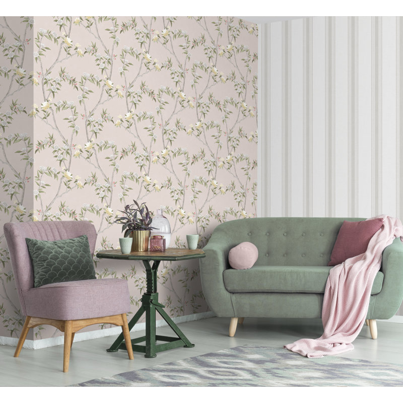 Spring Blossom Stripes Fabric Effect Design 33' x 21" Wallpaper Roll, Blue