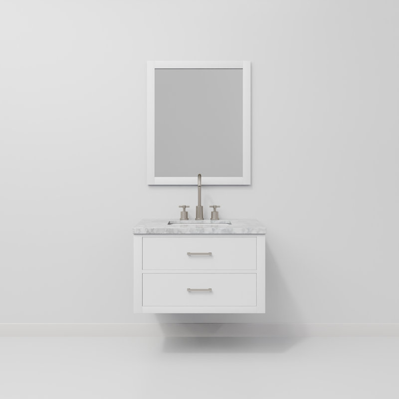 Ensemble de meuble-lavabo simple l 30 po x P 22 po, miroir 28 po et robinet chromé Castor, Blanc, Marbre de Carrare blanc