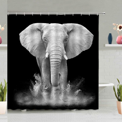 Safari Majesty: African Elephant Shower Curtain - Grey Wildlife Design, Polyester Fabric with Hooks