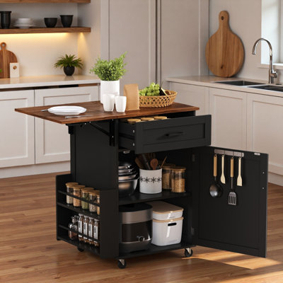 Farmhouse Kitchen Island With Drop Leaf, Open Side Rack, One Drawer, Towel Rack And Wheels