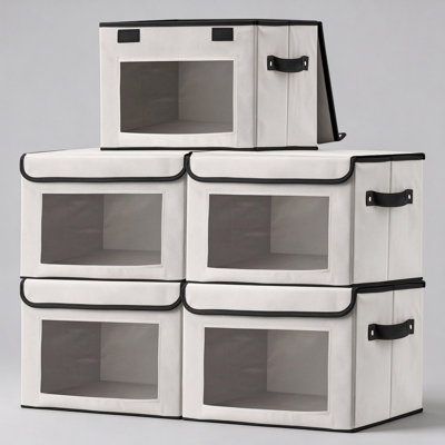 5 Pack Foldable Storage Boxes with Lids, Clear Window Fabric Organiser, Gray