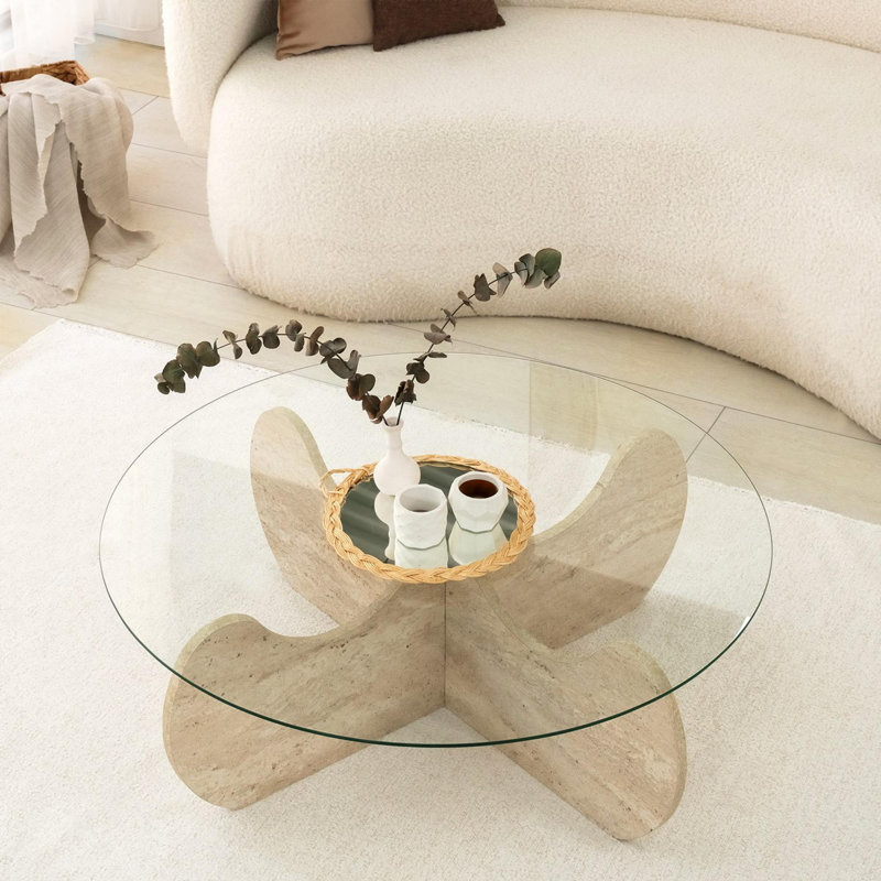 Table basse moderne avec finition en travertin, 35,4 po de diamètre x 11,8 po de hauteur | 100% plateau en verre et 100% panneau de particules recouvert de mélamine, épaisseur: 0,7 po | Design élégant en marbre, parfait pour le salon et les espaces contemporains