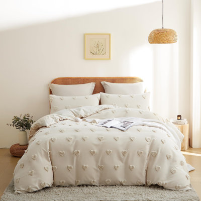 Tufted Heart Dot Duvet Cover Boho Ultra Soft Jacquard Embroidery Washed Microfiber Bedding Set