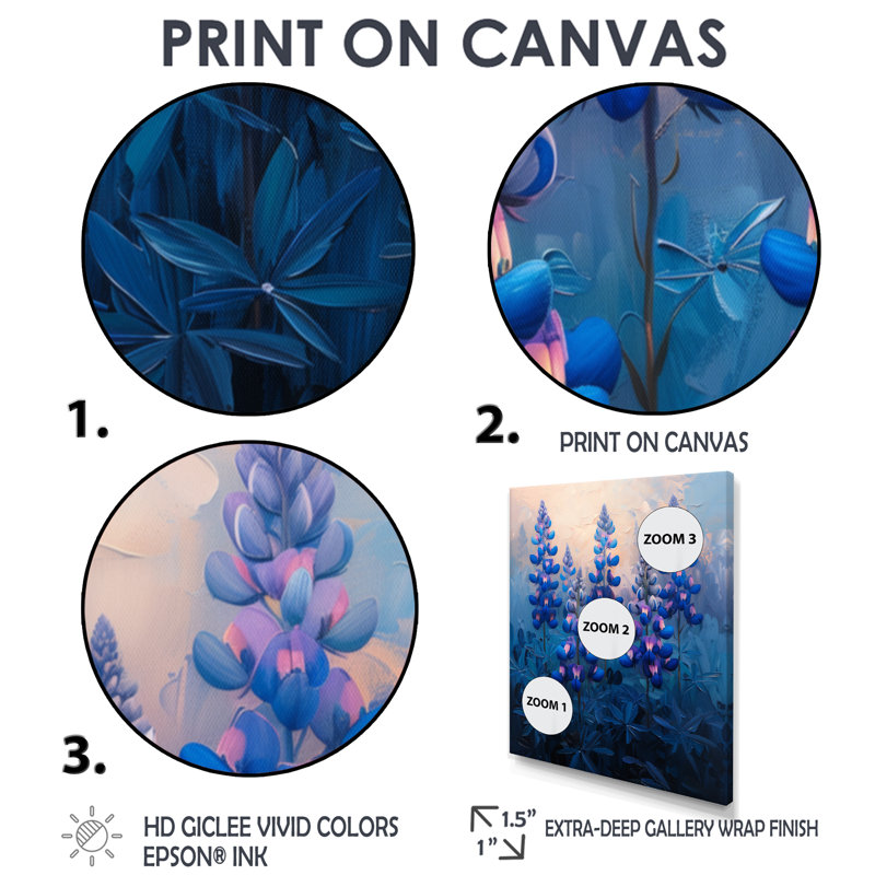 Sunrise Splendor Blue Bonnets - Blue Bonnets, impression d'art mural, Cadre simple blanc, H 12 po x l 20 po