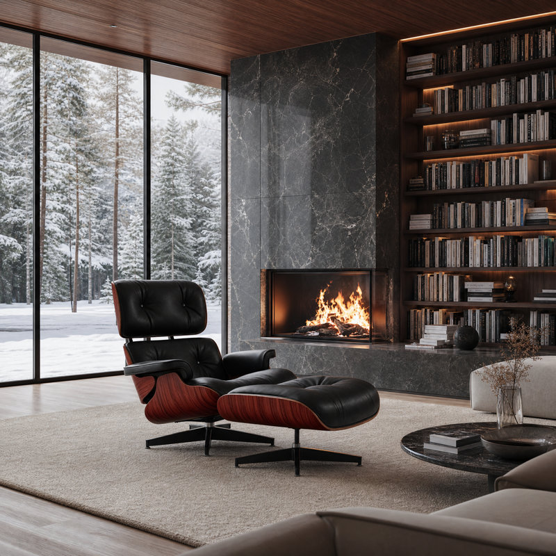 Méridienne Mid-Century en cuir véritable avec repose-pieds et structure en bois massif pour le salon, la salle d'étude et la chambre d'amis