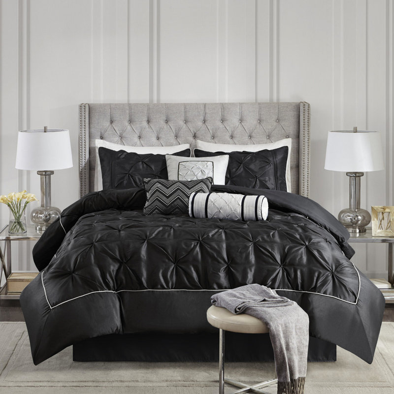 Édredon 7 pièces - 1 joli édredon, 2 taies décoratives, 3 coussins, jupe de lit Fer à repasser à la vapeur pour les plis