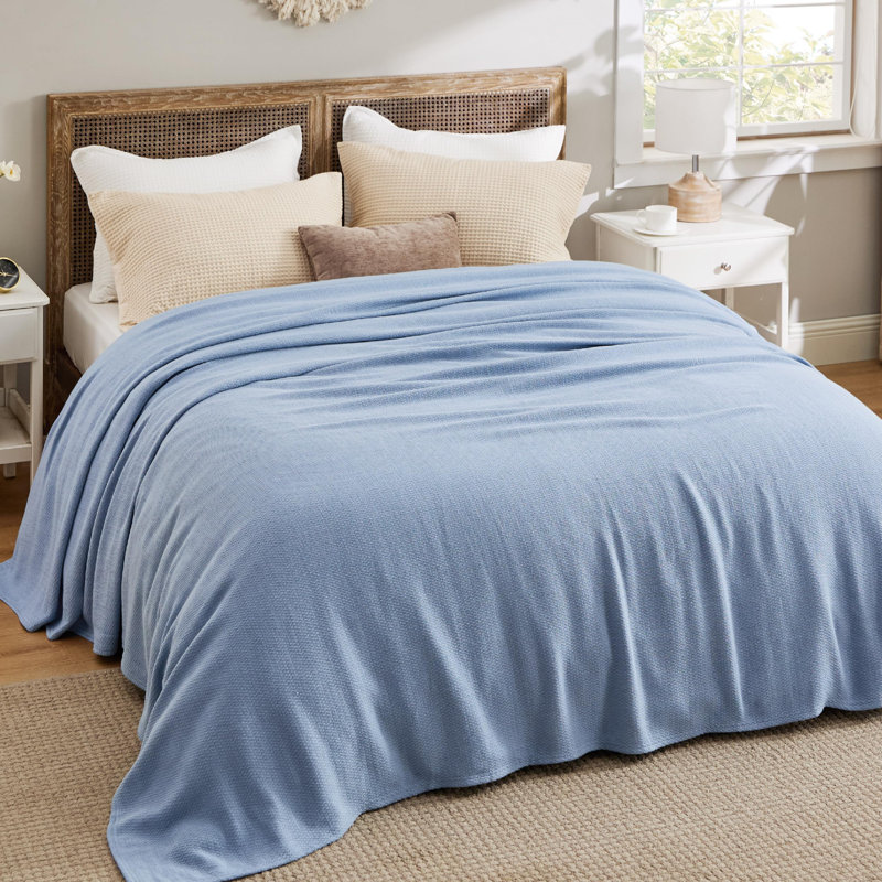 Bedsure 100% Cotton Blanket Soft Cozy Textured Herringbone Woven Blanket for All Seasons, Ashley Blue, Throw XL