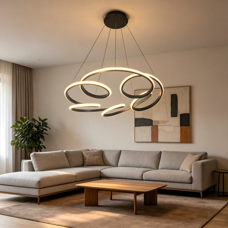 24'' Modern Dimmable Black Led Ring Pendant Light With App & Remote Control