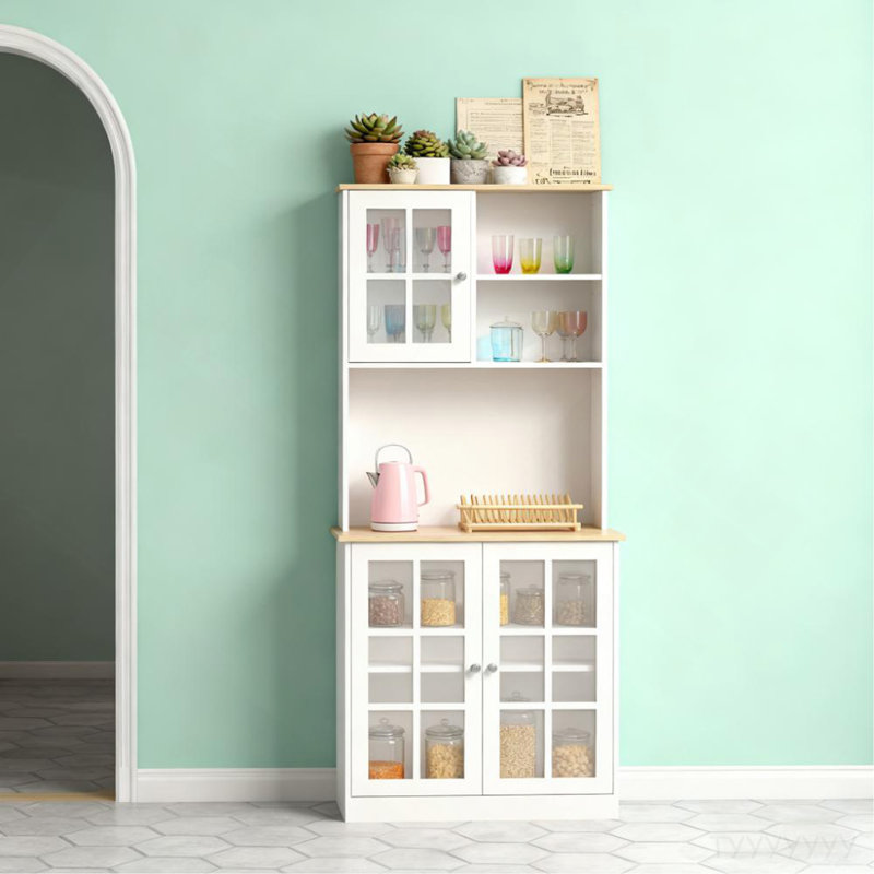 Grande armoire de cuisine de comptoir, armoire de rangement autoportante avec huche, portes en verre et tablettes réglables