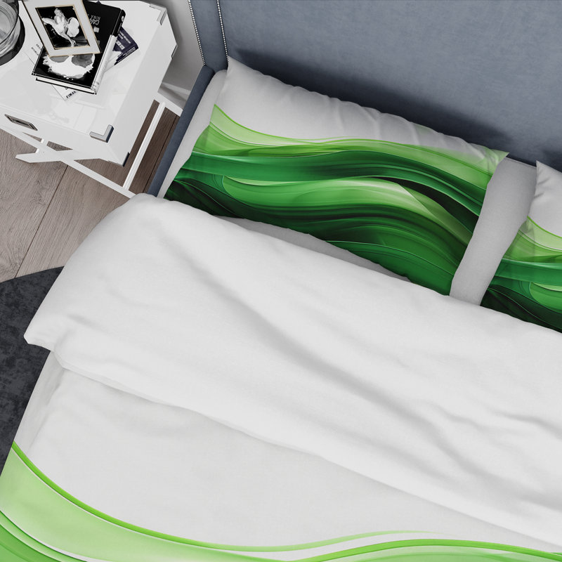 Green and White Fractal Waves I - Ensemble de housse de couette Abstract Fractal
