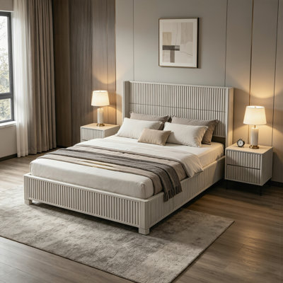 Solid Wood Platform Bed Frame With Headboard, No Box Spring Needed, Floor-Standing Bed, Easy Assembly, Queen Size, Beige