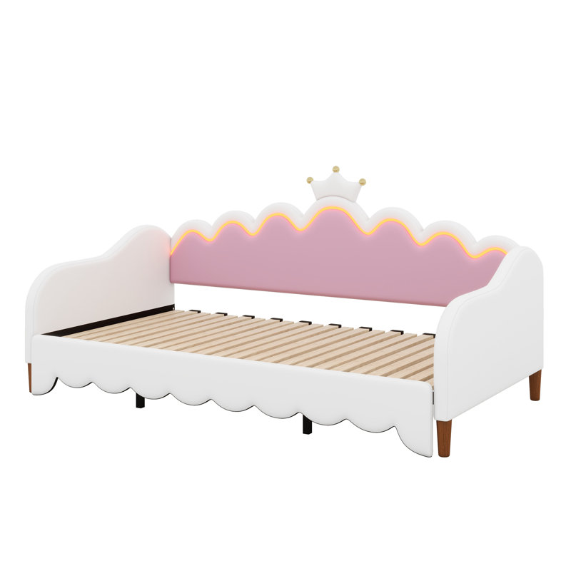 Extending Daybed With LED Lights, Modern Upholstered Princess Daybed With Crown Headboard, White