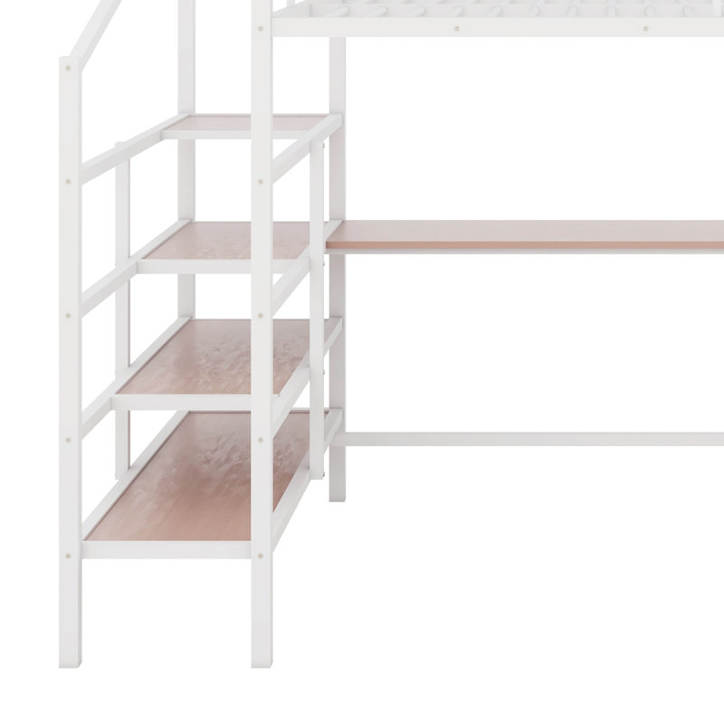 Lit mezzanine double en métal avec bureau, échelle de rangement latérale, Blanc