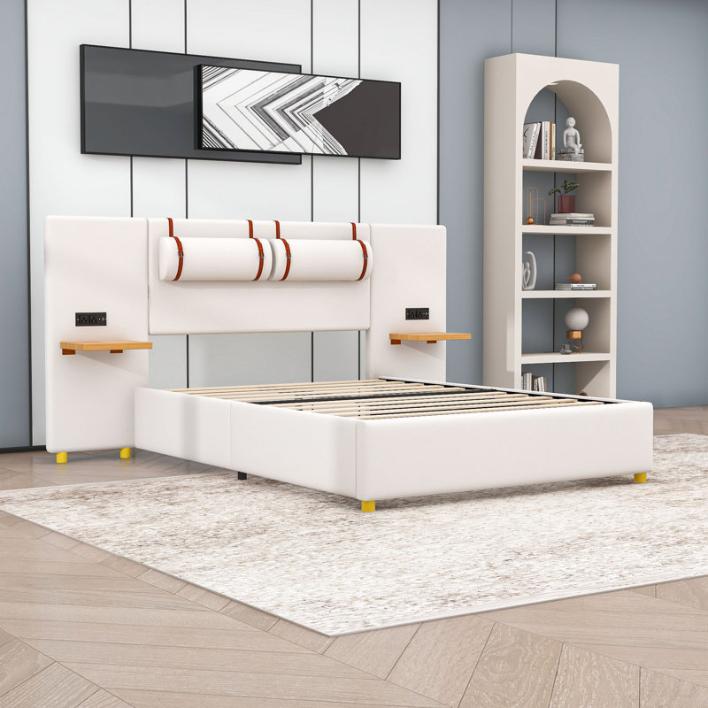 Lit plateforme tapissier Abeal avec prises intégrées, ports USB, coussins de tête de lit et tablettes de chevet, Queen, Beige