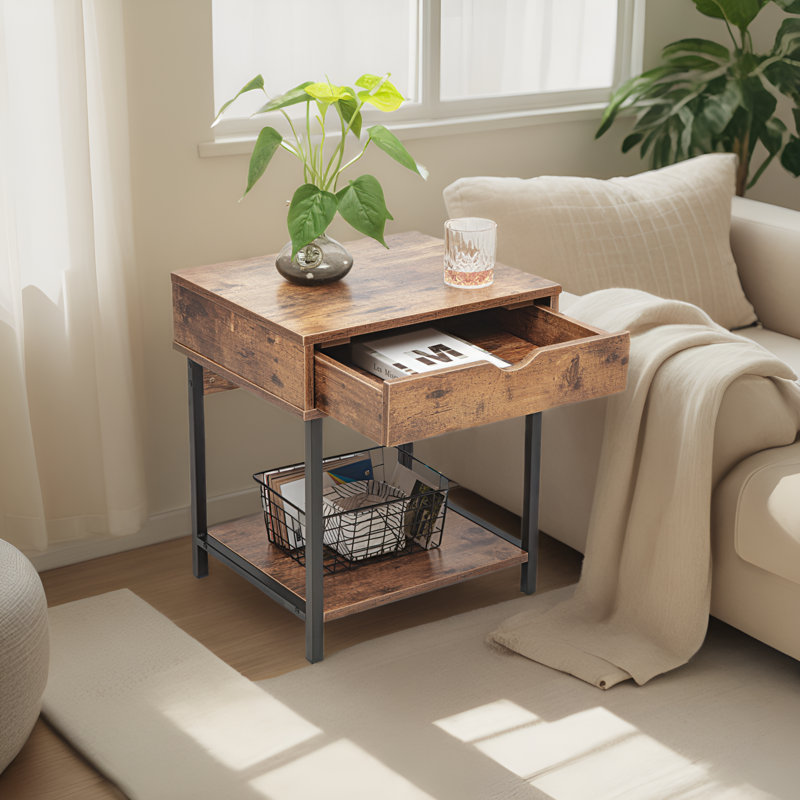 Kila Accent Table with Storage - Versatile Small Table for Home Office, Rustic Brown, Black