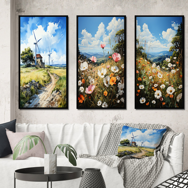 «Wind Turbines In Wind Farm», 3 pièces sur toile, Encadrement doré, H 32 po x l 48 po