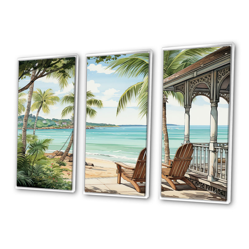 «Island Serenity Chairs By The Beach» - art mural bord de mer tropical, Cadre flottant blanc, H 28 po x l 36 po x P 1 po
