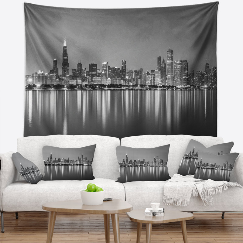 Paysage urbain de Chicago, tapisserie noire et blanche, H 50 po x l 60 po