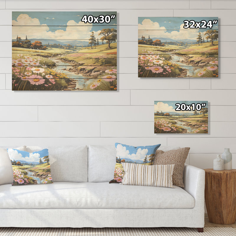 «Ephemeral Serenity Meadow I», art mural sur bois de pin naturel, H 30 po x l 40 po