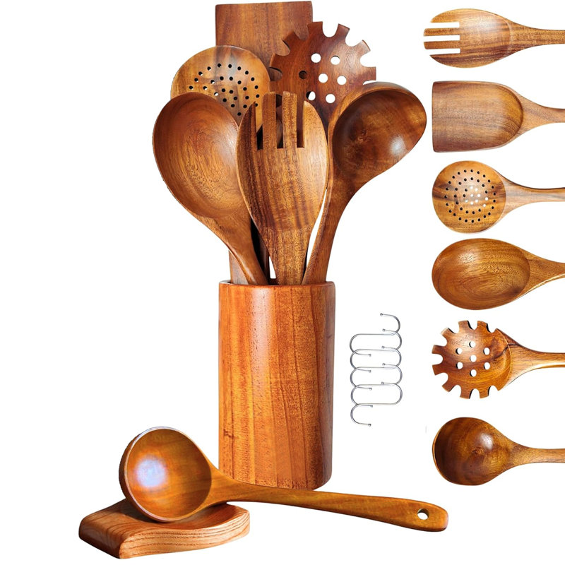 Ensemble de 8 ustensiles de cuisine, ensemble d'ustensiles de cuisine en bois avec crochets