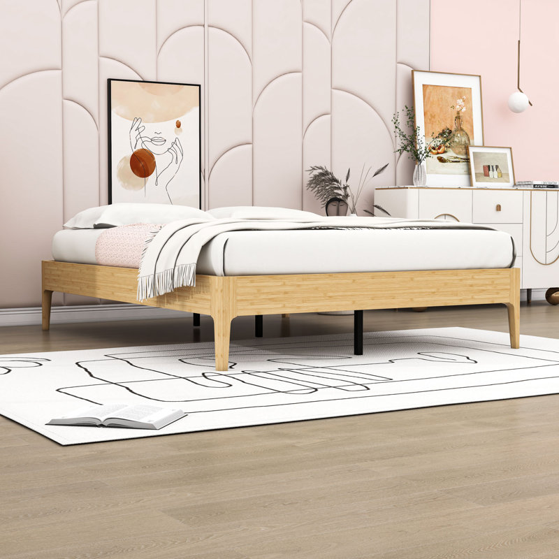 Bamboo Platform Bed with Metal Support and Underbed Storage, Natural, Queen