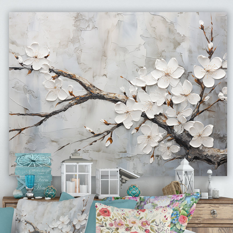Minimalism White And Grey Cherry Blossom On Canvas Print, 34" H x 44" W x 1.5" D, Wrapped Canvas