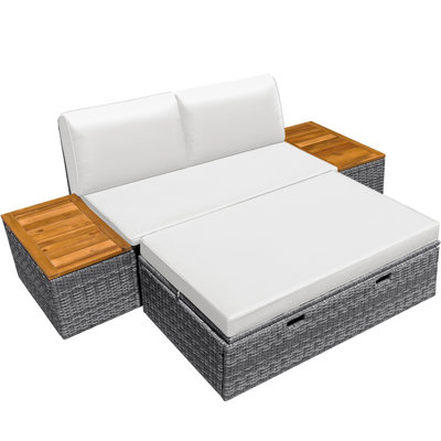 Pe Wicker Outdoor Patio Daybed With Storage And Acacia Wood Table