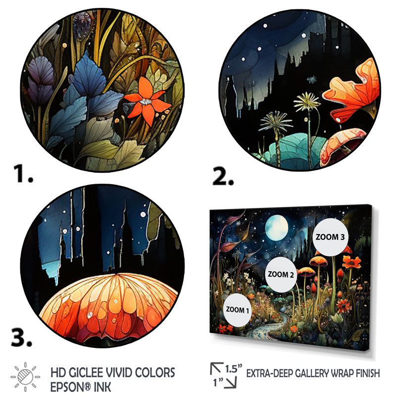 «Fantasy Mushroom Daydream 1 - Abstract Landscape», art mural, Cadre d'angle fermé noir, H 30 po x l 40 po x P 1,5 po