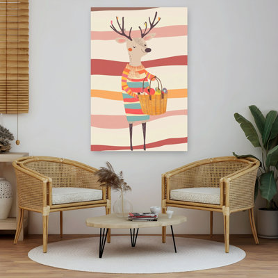 Autumn Deer Basket Colorful Whimsical Contemporary Deer Autumn Nature Wall Art Print by Mathieu - Wrapped Canvas Print