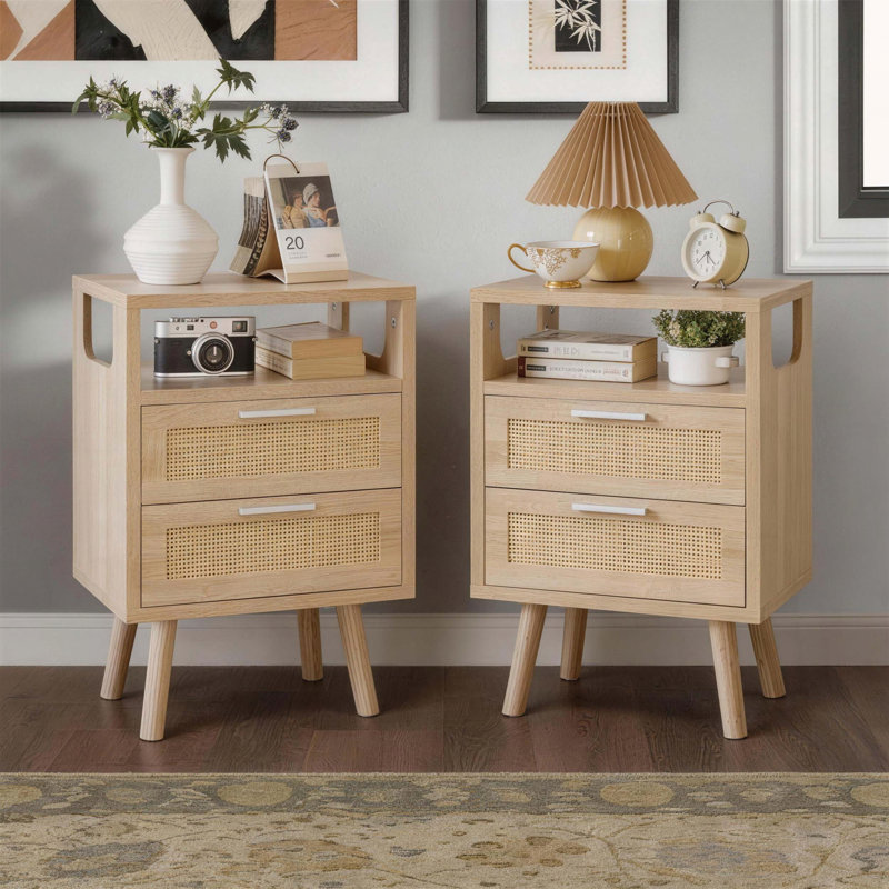 Ensemble de 2 tables de chevet avec 2 tiroirs, Bois naturel