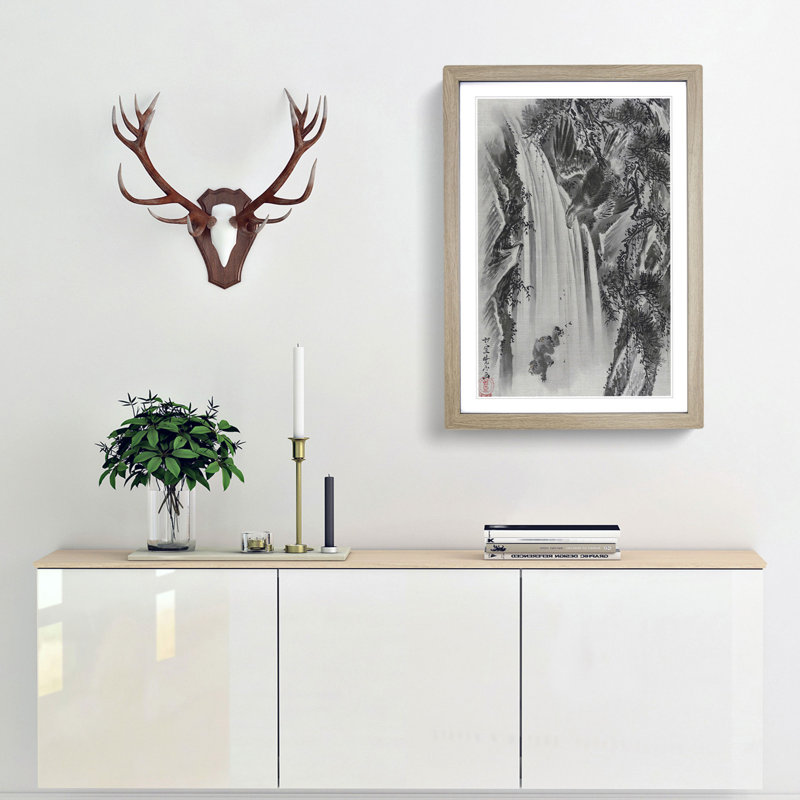 Eagle & Monkey by a Waterfall by Kawanabe Kyosai - Picture Frame Painting Print, Oak Framed, 65cm H x 48cm W x 2cm D