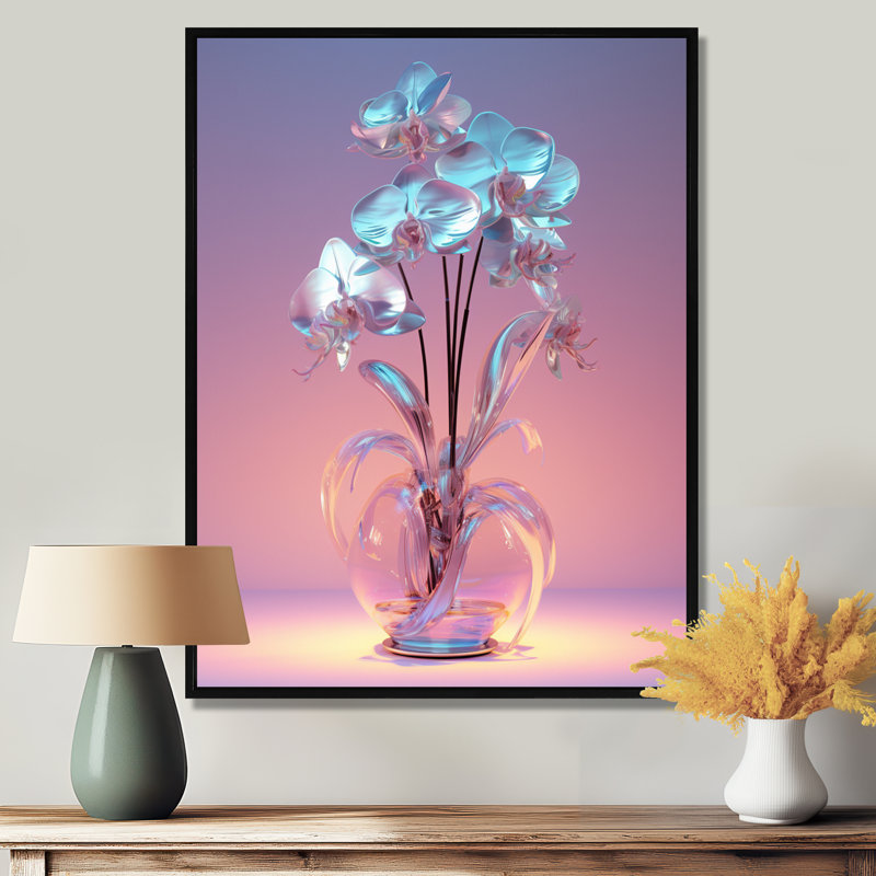 Fleurs d'orchidée translucides bleues - impression d'art mural orchidée, H 20 po x l 12 po, Cadre flottant noir, bois massif