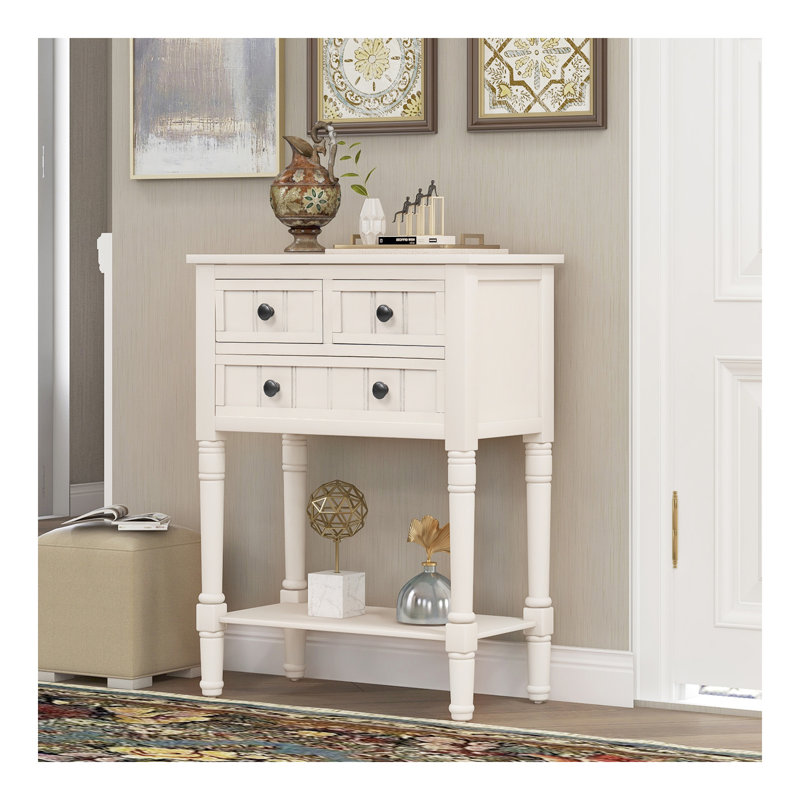 Console étroite, canapé mince avec trois tiroirs de rangement et tablette inférieure (blanc ivoire), Ivoire blanc
