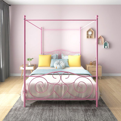 Metal Canopy Bed Frame with Vintage Style Headboard & Footboard, Easy Assembly All Parts Included, Queen Pink