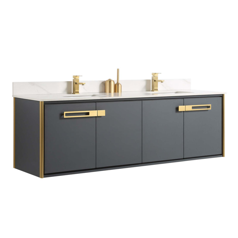 72'' Double Bathroom Vanity with Carrara Quartz Top, Satin Brass, Onix Gray