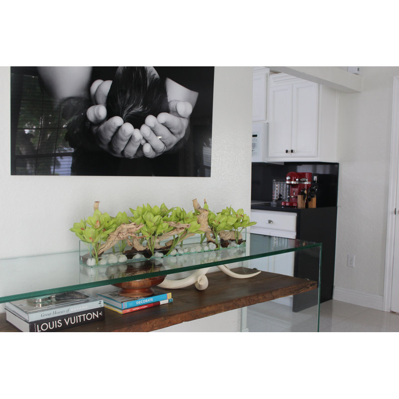 Driftwood Cymbidium Orchids Centerpiece in Glass Planter, 8" H x 48" W x 6" D, Green