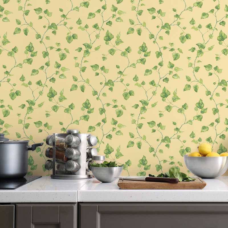 Just Kitchnes Floral Ivy Trail 33' L x 21" W Wallpaper Roll, Yellow/Green