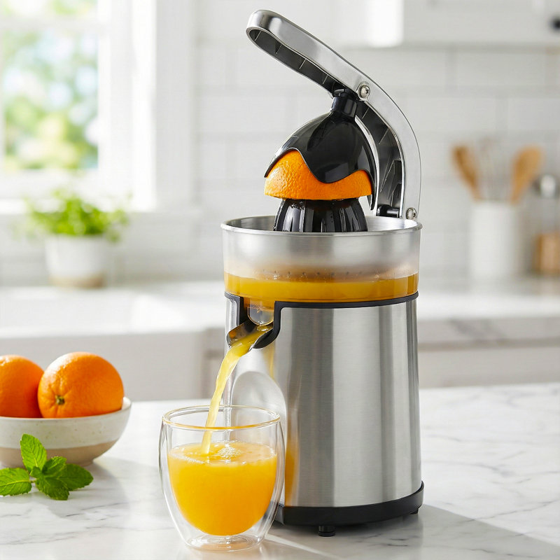 Presse-agrumes électrique en acier inoxydable brossé - double cônes interchangeables pour orange, citron et pamplemousse, faciles à nettoyer et à utiliser