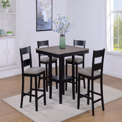 Rustic Farmhouse Style 5-Pc Counter Height Dining Set Square Table Wood Top Bottom With Display Shelf Linen Look Fabric Upholstery Chair