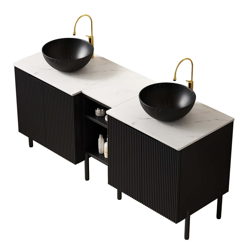 Freestanding Double Bathroom Vanity with Stone Pattern Basins and Ample Storage
