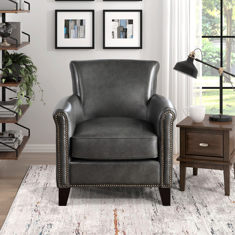 Chaise d'appoint en cuir gris, structure en bois massif, rembourrage en mousse haute, siège classique de 72,75 lb, base, support à ressorts ensachés