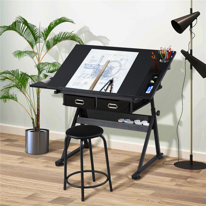 Adjustable Metal Base Drafting Table, 53.5" L x 24.2" W, Black