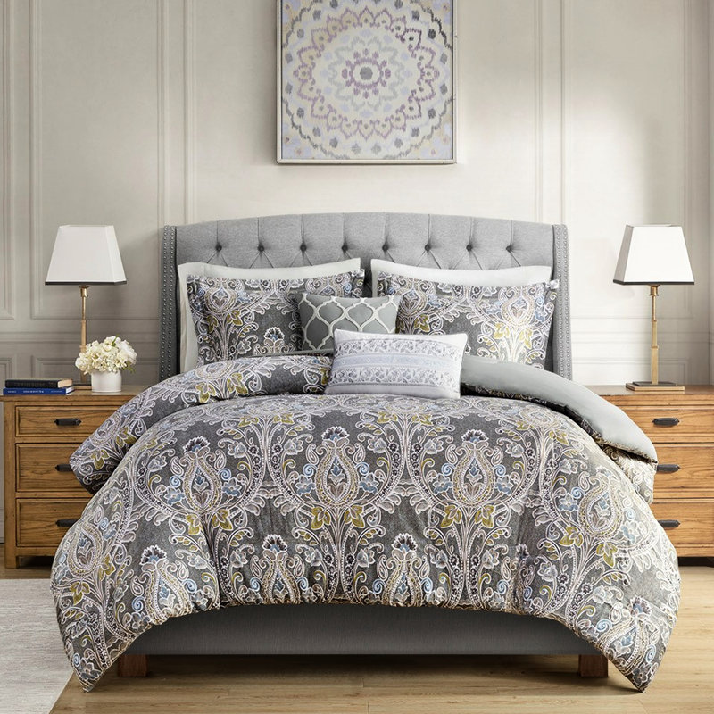 Housse de couette en coton gris - 5 pièces pour lit double / grand avec coussins décoratifs