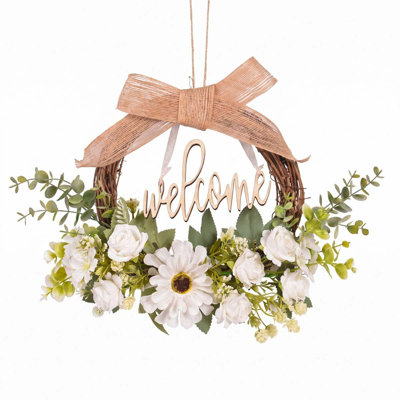 16 Inch White Rose Wreath For Front Door