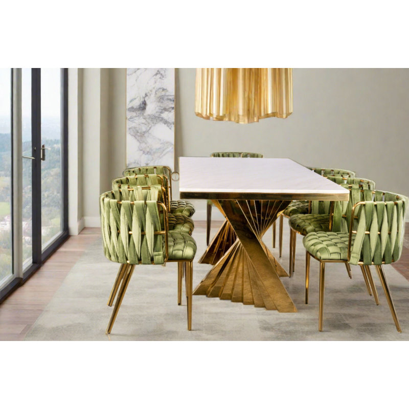 Seraphina Garnes Dining Table Set for 8 with White Marble Top, and Chairs – Modern Glam Dining Set with Stainless Steel Frame and Upholstered Seating