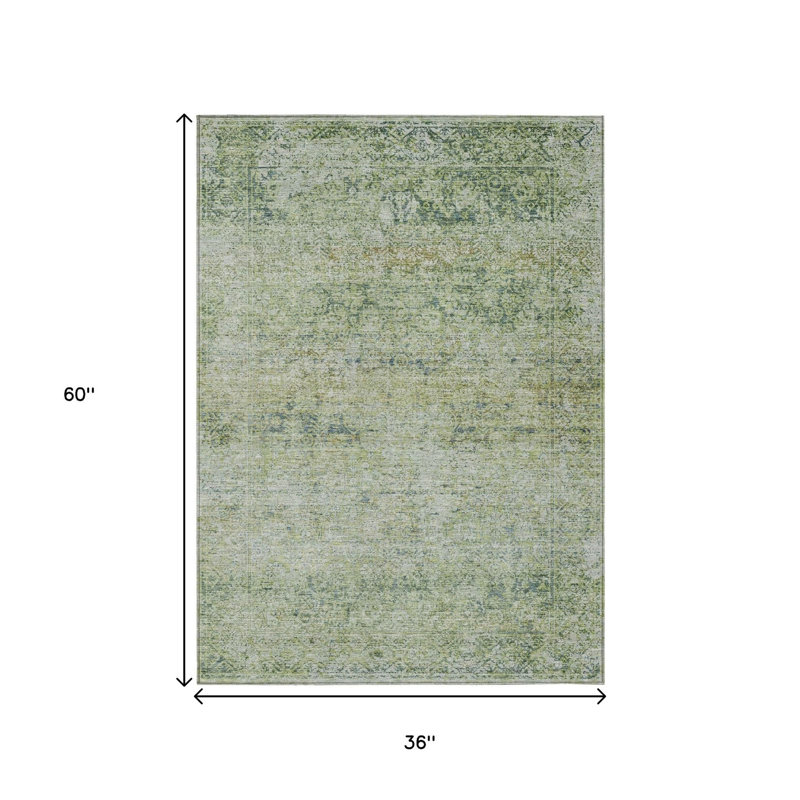 3' X 5' Artichoke Green And Ivory Abstract Washable Indoor Outdoor Area Rug