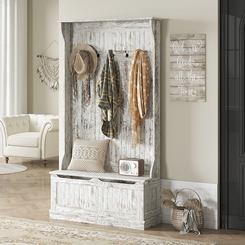 Arbre d'entrée 3-en-1 avec banc de rangement, portemanteau avec cinq crochets et rangement pour chaussures