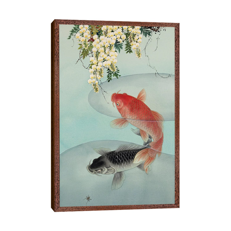 Curious Koi - Painting on Canvas, 66.04 cm H x 45.72 cm W, Classic Brown Wood Framed