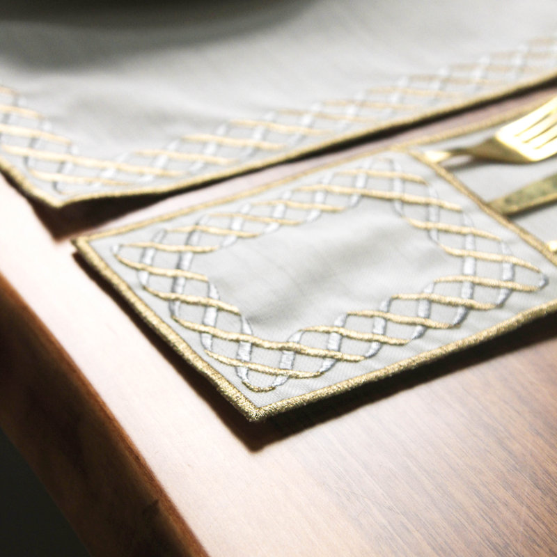Embroidered White Linen Placemats with Gold Scrollwork – 24pc Elegant Table Mats Set for 6 Person | Islamic Decorative Dining Linens