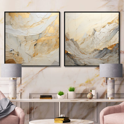 Ensemble de 2 collages carrés abstraits beiges et dorés Glacier Stone Simplicity